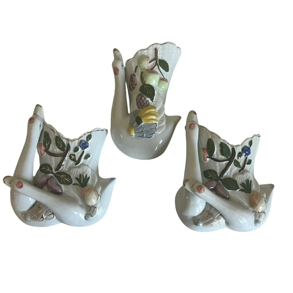 Vintage Double Swan Wall Pocket Vase 1960s Ceramic Set of 3 Japan